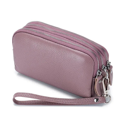 Portefeuille Long Femme en Cuir Véritable - 3 Compartiments Zippés Violet - Grande Capacité avec Dragonne
