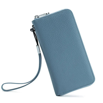 Portefeuille Long Femme en Cuir Véritable Bleu – Protection RFID, Élégant & Organisation Quotidienne