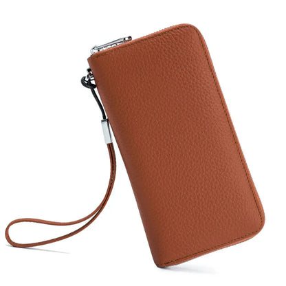 Portefeuille Long Femme en Cuir Véritable Marron – Protection RFID, Élégant & Organisation Quotidienne