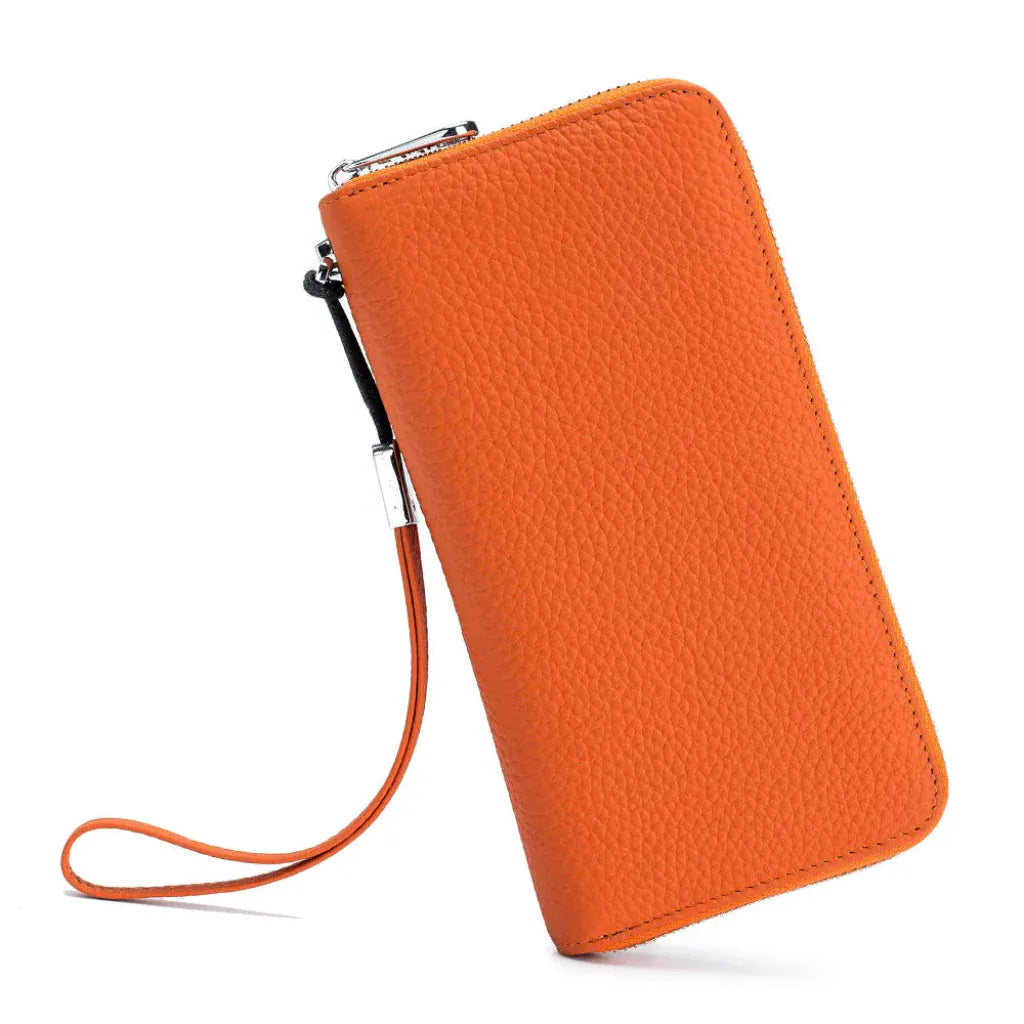 Portefeuille Long Femme en Cuir Véritable Orange – Protection RFID, Élégant & Organisation Quotidienne