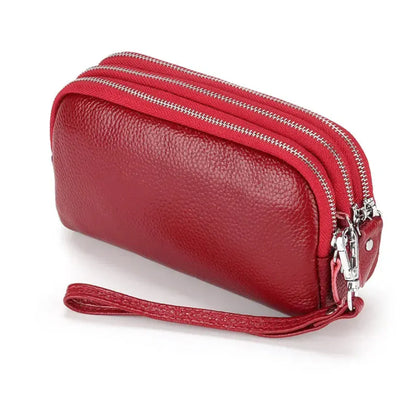 Portefeuille Long Femme en Cuir Véritable - 3 Compartiments Zippés Rouge - Grande Capacité avec Dragonne