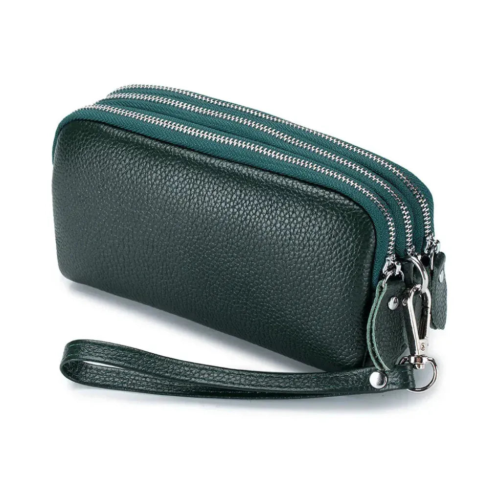 Portefeuille Long Femme en Cuir Véritable Vert - 3 Compartiments Zippés - Grande Capacité avec Dragonne
