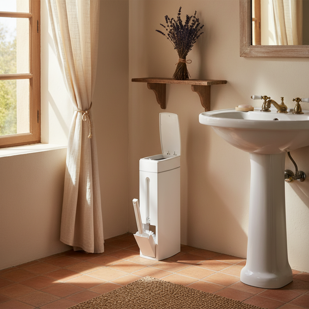 Poubelle Salle de Bain avec Brosse WC Intégrée – Blanc Ivoire, Design Compact 1