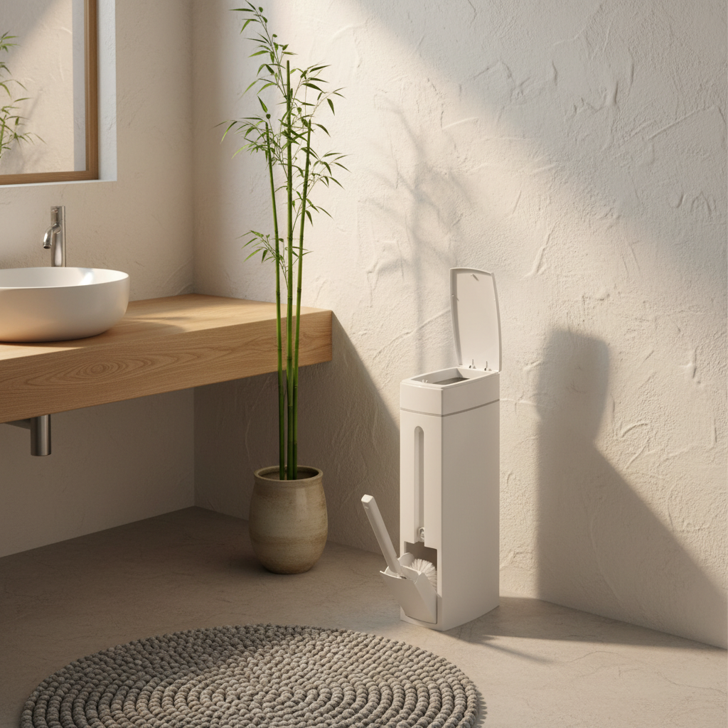 Poubelle Salle de Bain avec Brosse WC Intégrée – Blanc Ivoire, Design Compact 2