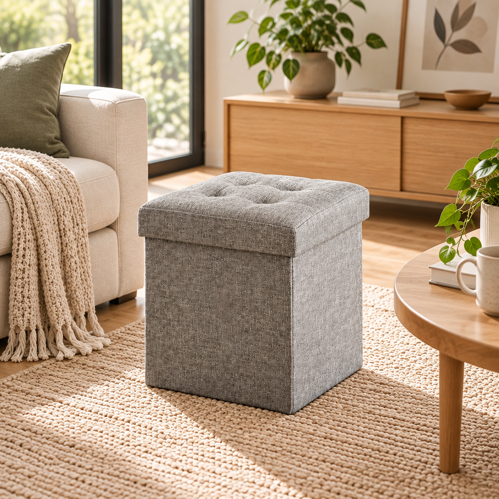 Pouf Coffre Pliant Lin – Rangement Capitonné 30 cm 3