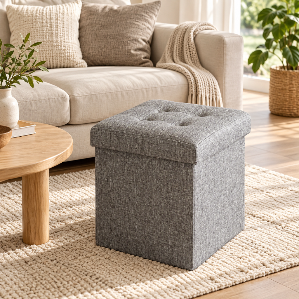 Pouf Coffre Pliant Lin – Rangement Capitonné 30 cm 1