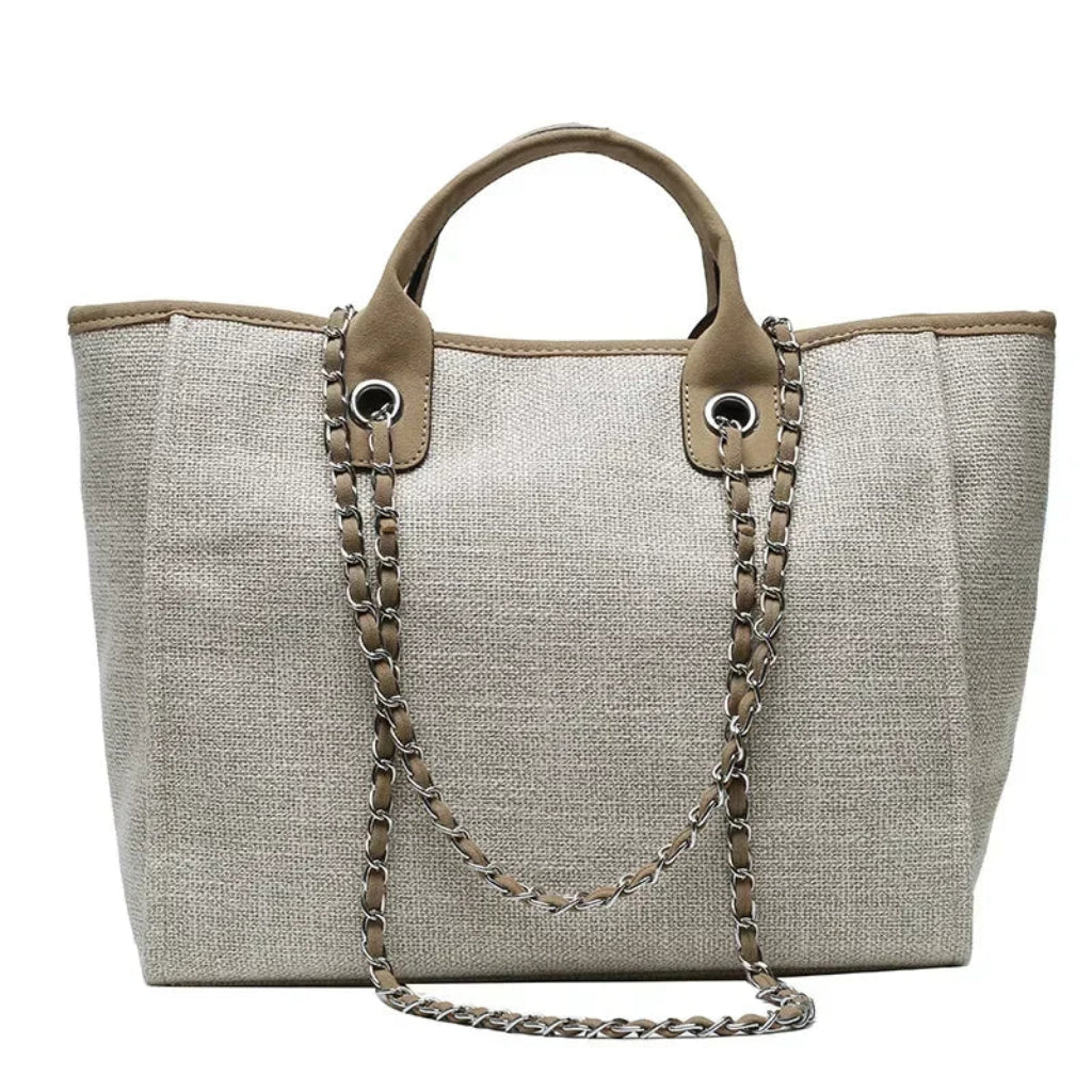 Tote Bag Femme Cabas Canvas Chaîne Argentée Grande Capacité Beige Lin
