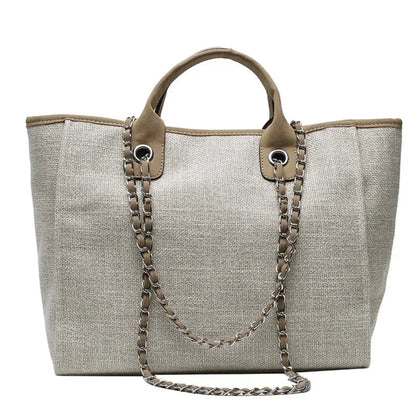 Tote Bag Femme Cabas Canvas Chaîne Argentée Grande Capacité Beige Lin