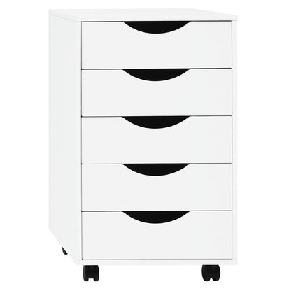 Caisson Bureau Blanc à Roulettes, 5 Tiroirs Poignées Encastrées