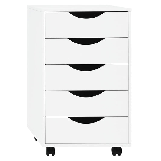 Caisson Bureau Blanc à Roulettes, 5 Tiroirs Poignées Encastrées