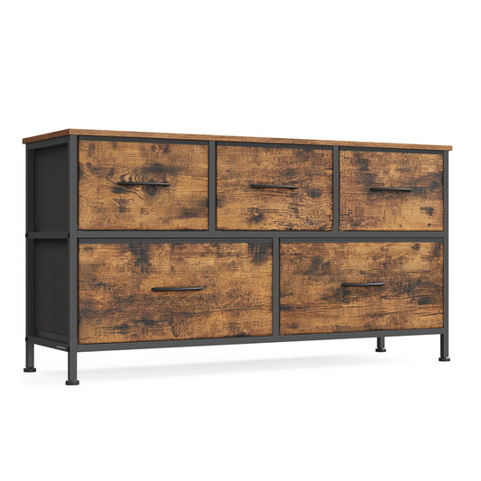 Commode 5 Tiroirs Bois Rustique & Acier Noir, Format Large