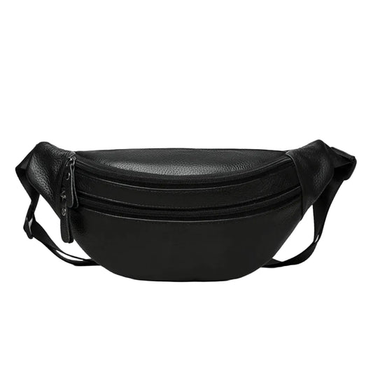 Sac Banane Homme Cuir Véritable Double Compartiment Noir