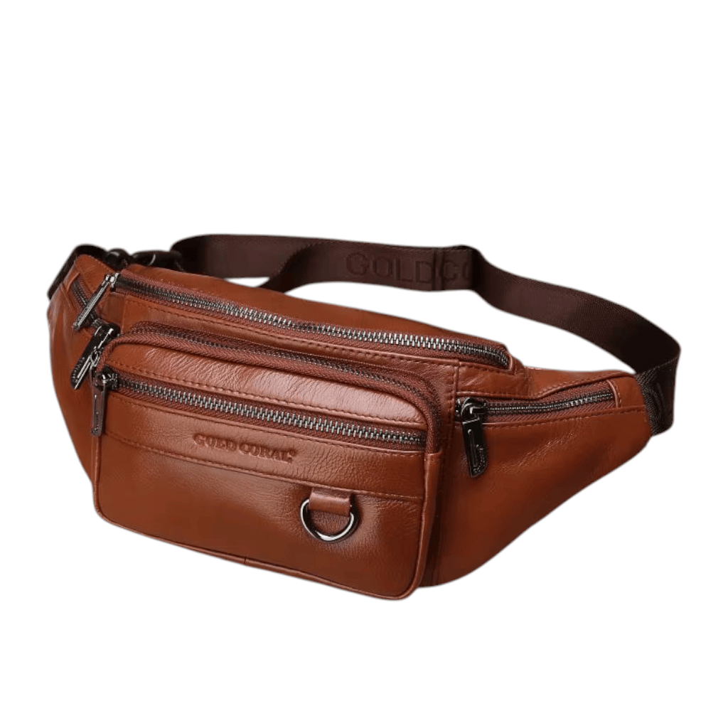 Sac Banane Homme en Cuir Véritable Marron Clair – Style Rétro Multipoches