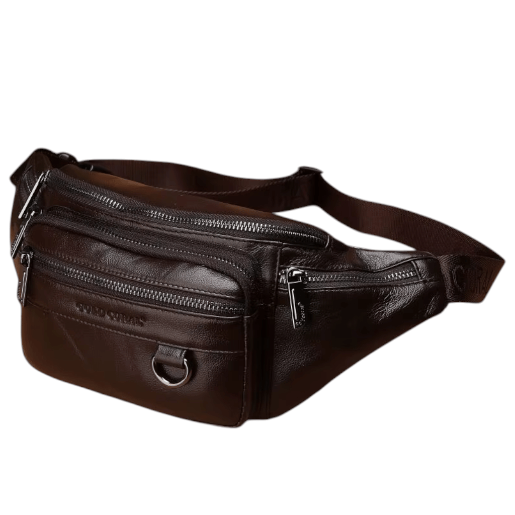 Sac Banane Homme en Cuir Véritable Marron Foncé – Style Rétro Multipoches
