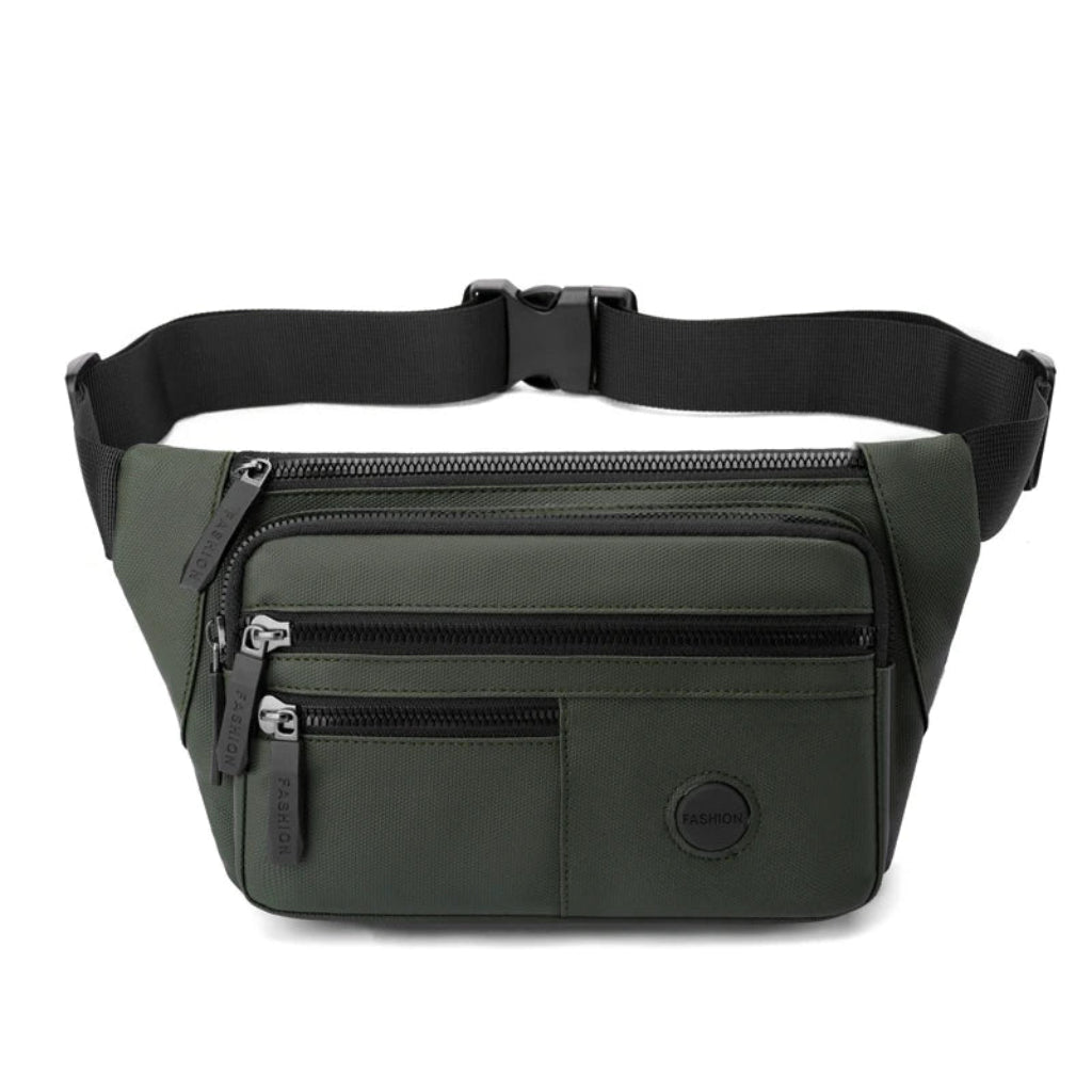 Sac Banane Homme en Nylon Multipoches Vert Armée – Grande Capacité, Léger avec Sangle Ajustable