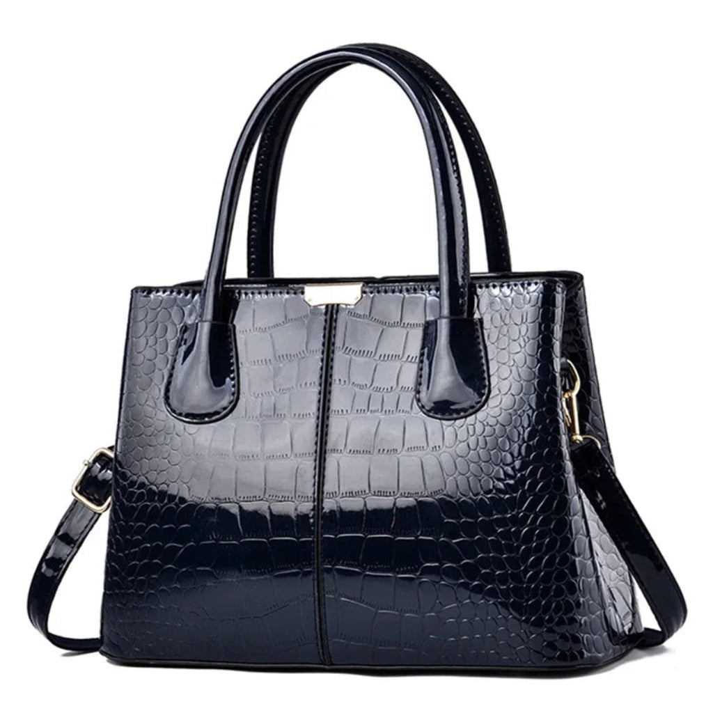 Sac à Bandoulière Femme Bleu Marine - Cuir PU Verni Effet Croco - Grand Cabas Main & Épaule