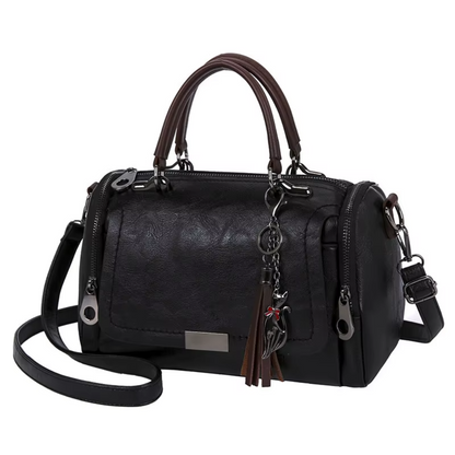 Sac à Bandoulière Femme Boston Noir - Grande Capacité avec Pompon Décoratif
