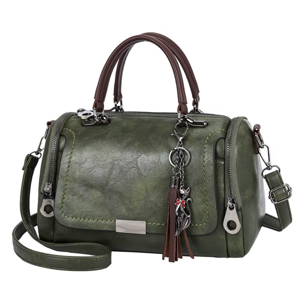 Sac à Bandoulière Femme Boston Vert Armée - Grande Capacité avec Pompon Décoratif