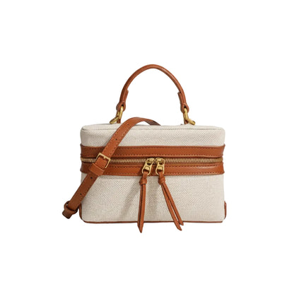 Sac à Bandoulière Femme Box Bag Canvas & Cuir PU Doré Camel