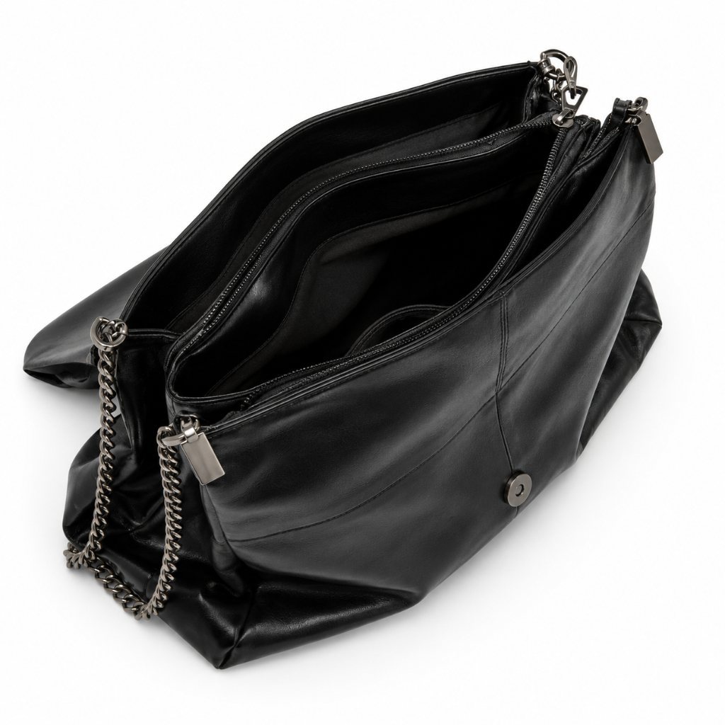 Sac à Bandoulière Femme Cabas Noir Brillant – Chaîne Dorée, Grande Capacité, Cuir PU.