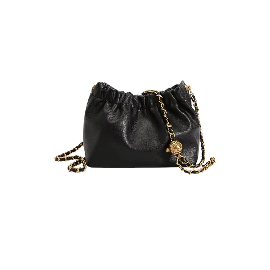 Sac à Bandoulière Femme à Chaîne Dorée Noir – Design Plissé Élégant en PU