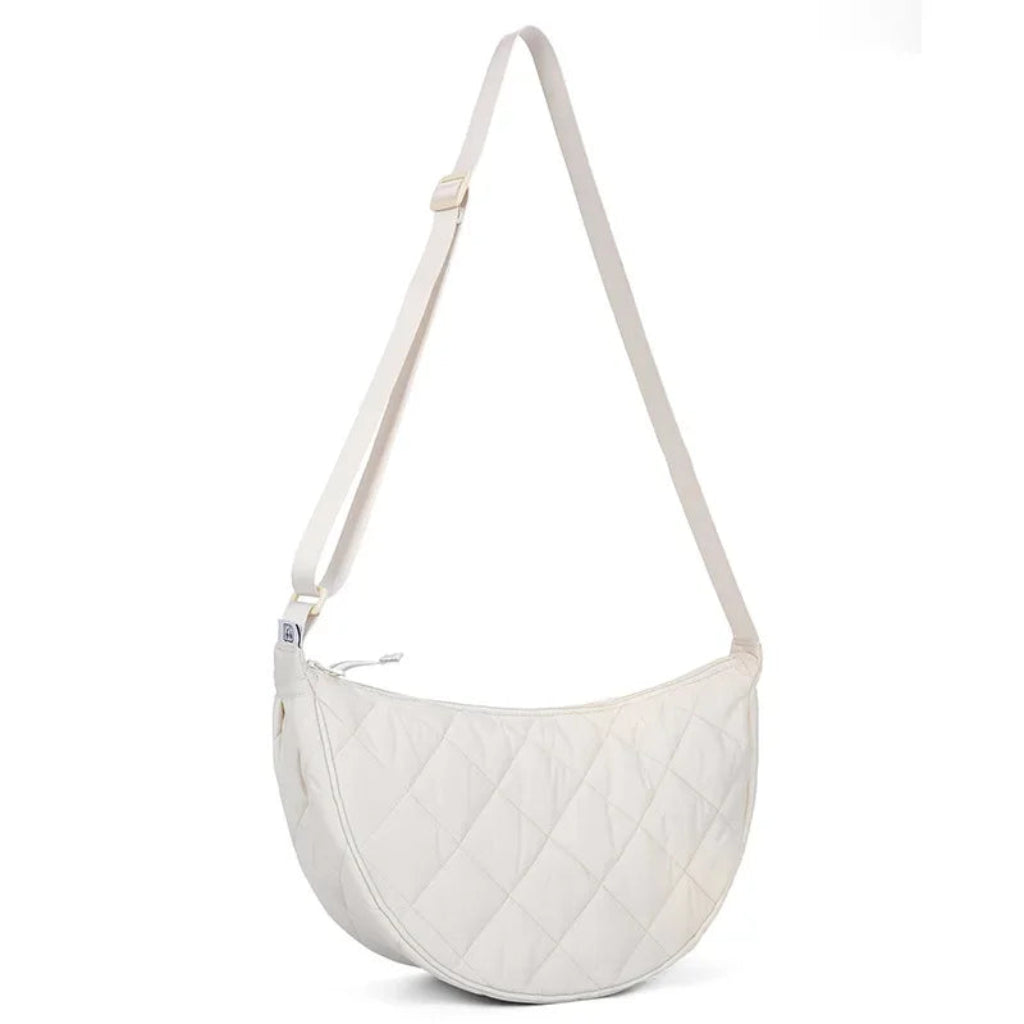 Sac à Bandoulière Femme Demi-Lune Blanc Crème – Nylon Matelassé, Grande Capacité, Style Casual Chic