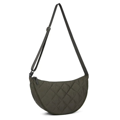 Sac à Bandoulière Femme Demi-Lune Kaki – Nylon Matelassé, Grande Capacité, Style Casual Chic