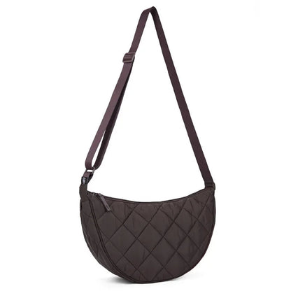 Sac à Bandoulière Femme Demi-Lune Marron Foncé – Nylon Matelassé, Grande Capacité, Style Casual Chic