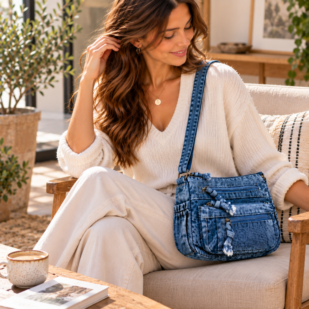 Sac Bandoulière Femme Denim Délavé Vintage, Multi-Poches Zippées 1