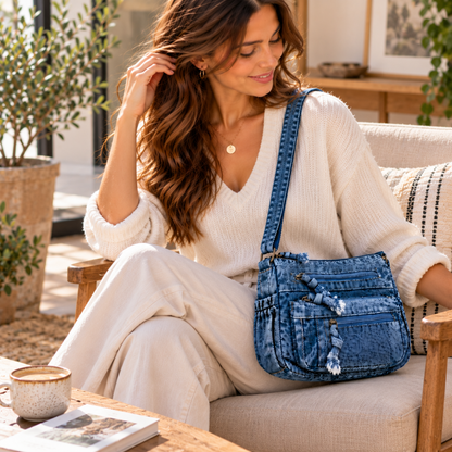 Sac Bandoulière Femme Denim Délavé Vintage, Multi-Poches Zippées 1