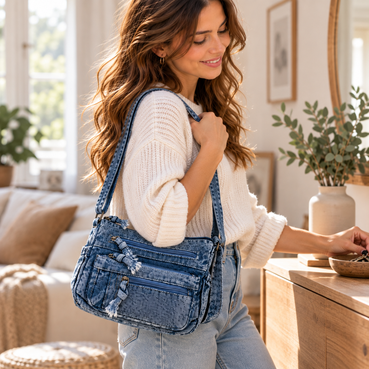 Sac Bandoulière Femme Denim Délavé Vintage, Multi-Poches Zippées 2