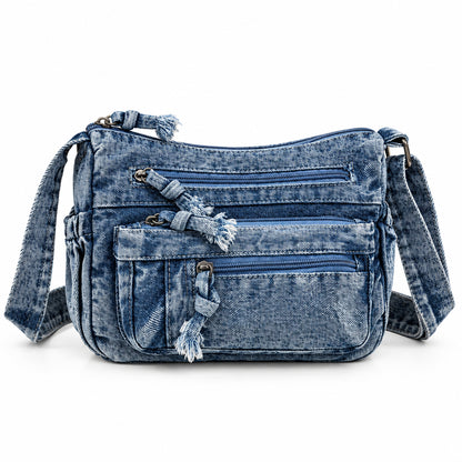 Sac Bandoulière Femme Denim Délavé Vintage, Multi-Poches Zippées Bleu Dénim 