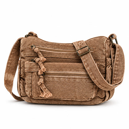 Sac Bandoulière Femme Denim Délavé Vintage, Multi-Poches Zippées Cognac