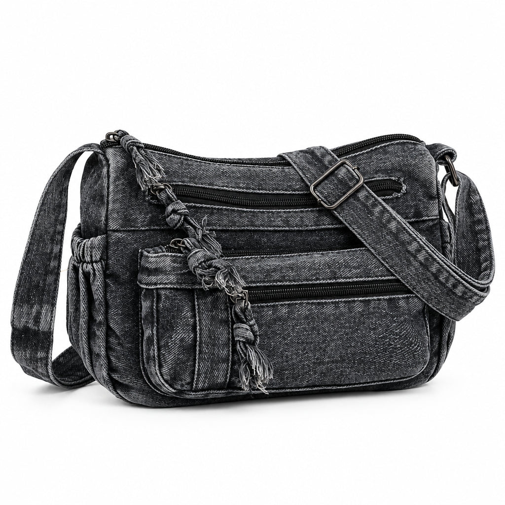 Sac Bandoulière Femme Denim Délavé Vintage, Multi-Poches Zippées Noir
