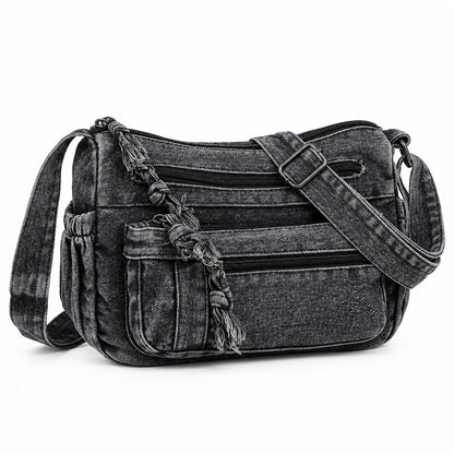 Sac Bandoulière Femme Denim Délavé Vintage, Multi-Poches Zippées Noir