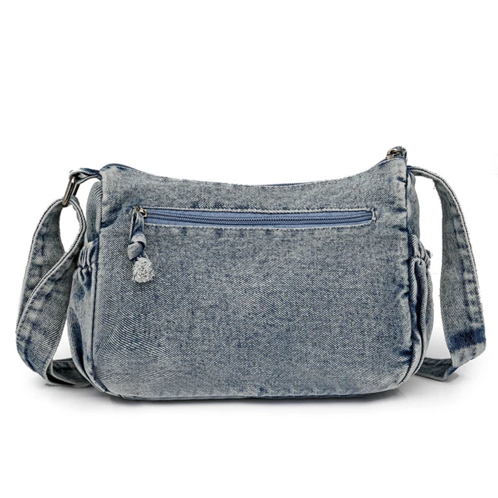 Sac Bandoulière Femme Denim Délavé Vintage, Multi-Poches Zippées derrière
