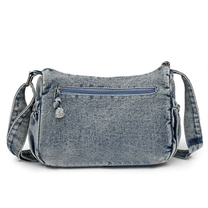 Sac Bandoulière Femme Denim Délavé Vintage, Multi-Poches Zippées derrière