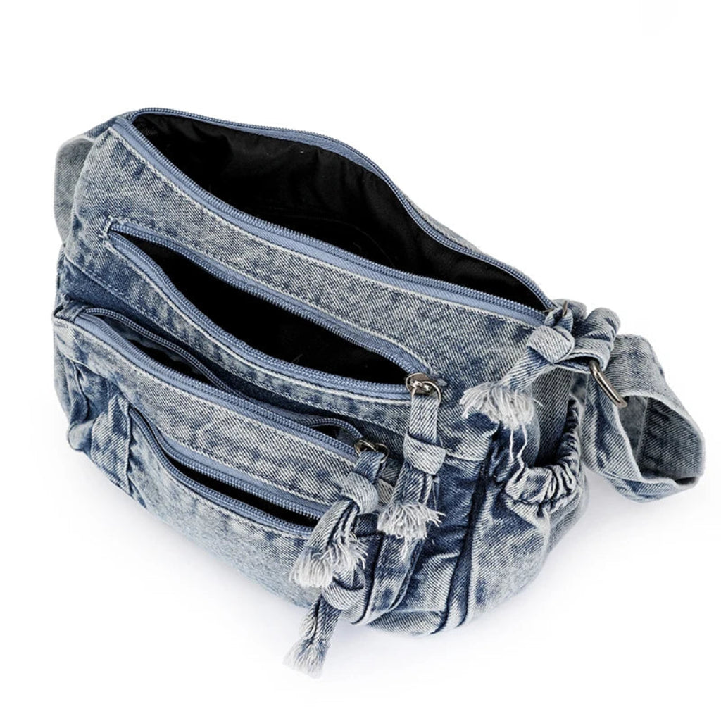 Sac Bandoulière Femme Denim Délavé Vintage, Multi-Poches Zippées ouvert