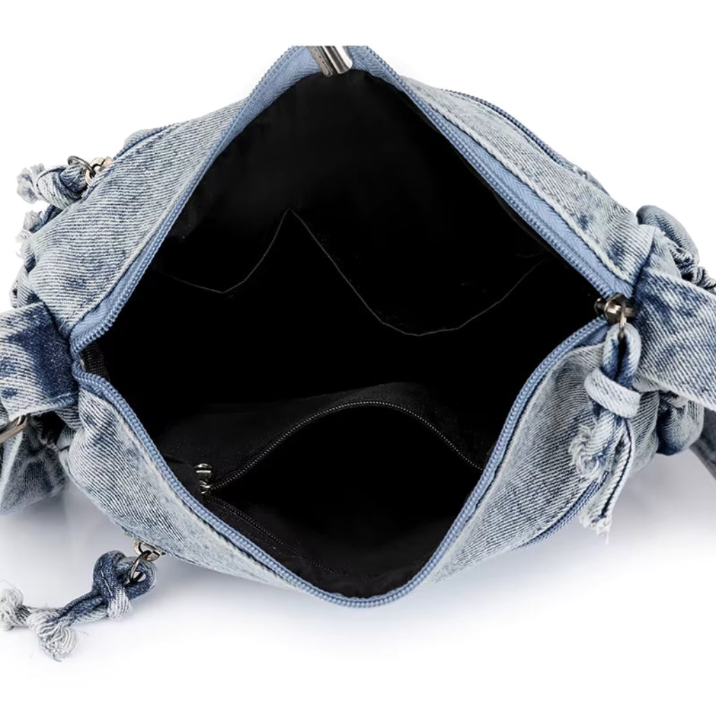Sac Bandoulière Femme Denim Délavé Vintage, Multi-Poches Zippées ouvert 1