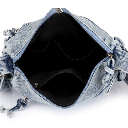 Sac Bandoulière Femme Denim Délavé Vintage, Multi-Poches Zippées ouvert 1