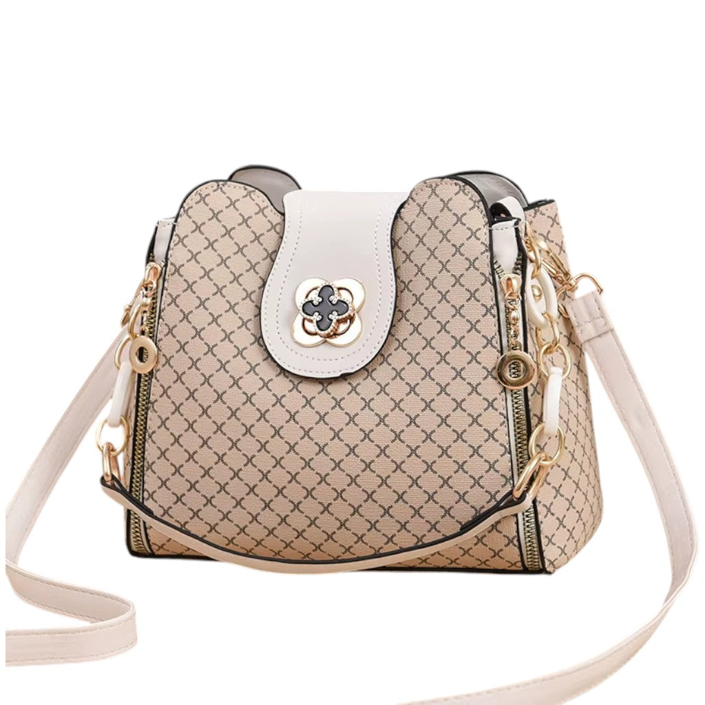 Sac à Bandoulière Femme Grande Capacité Beige  – Forme Seau à Double Fermeture Dorée