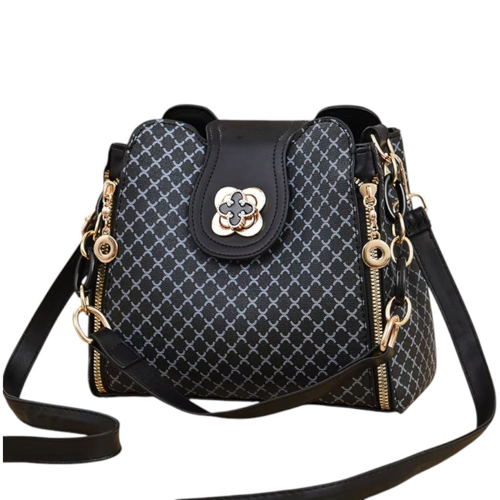 Sac à Bandoulière Femme Grande Capacité Noir – Forme Seau à Double Fermeture Dorée