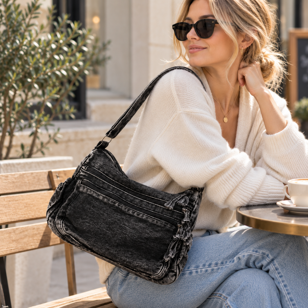 Sac Bandoulière Femme Jean Rétro, Compact avec Poches Zippées