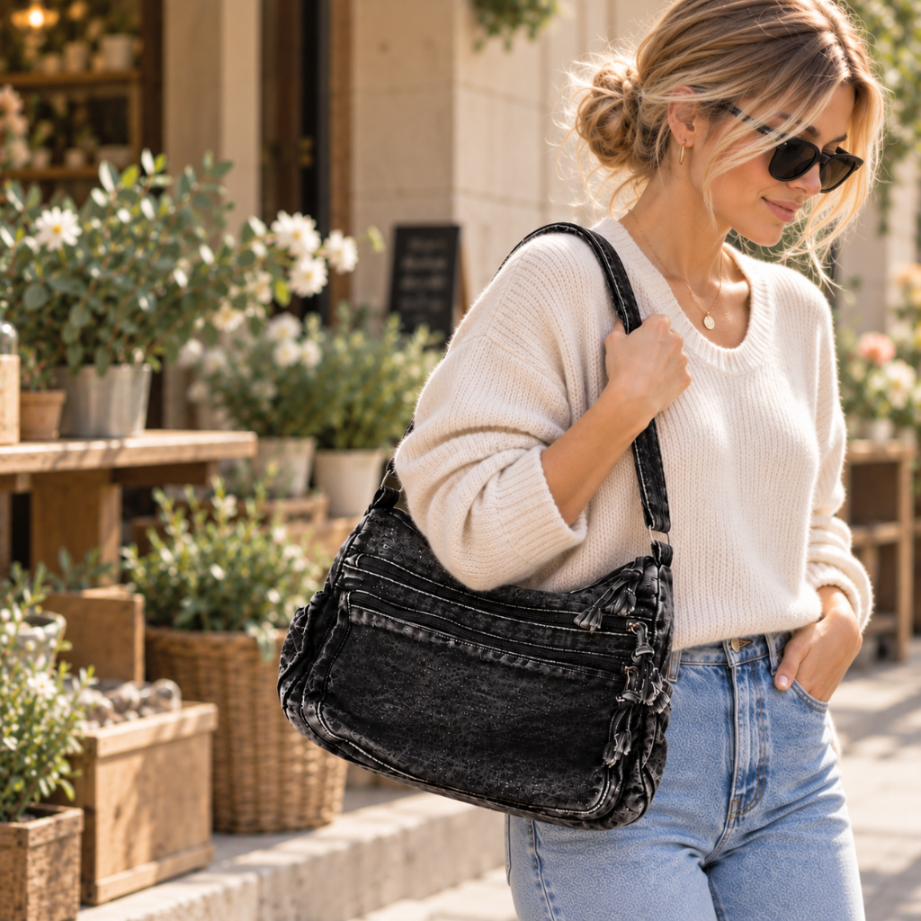 Sac Bandoulière Femme Jean Rétro, Compact avec Poches Zippées 3.