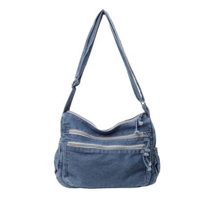 Sac Bandoulière Femme Jean Rétro, Compact avec Poches Zippées Bleu Denim