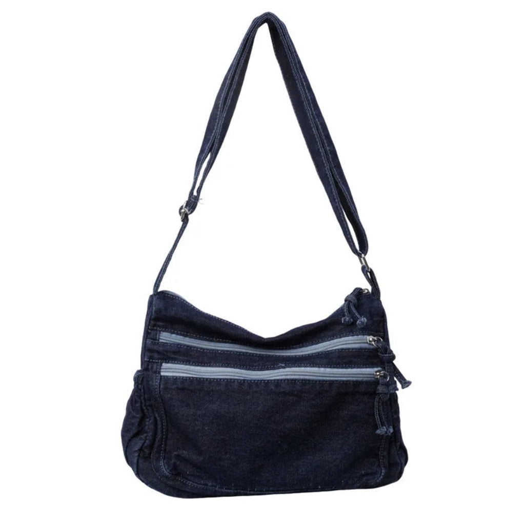 Sac Bandoulière Femme Jean Rétro, Compact avec Poches Zippées Bleu Nuit