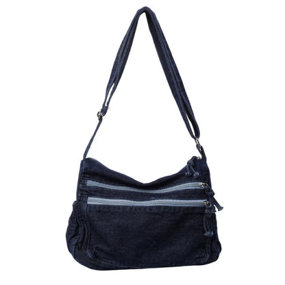 Sac Bandoulière Femme Jean Rétro, Compact avec Poches Zippées Bleu Nuit