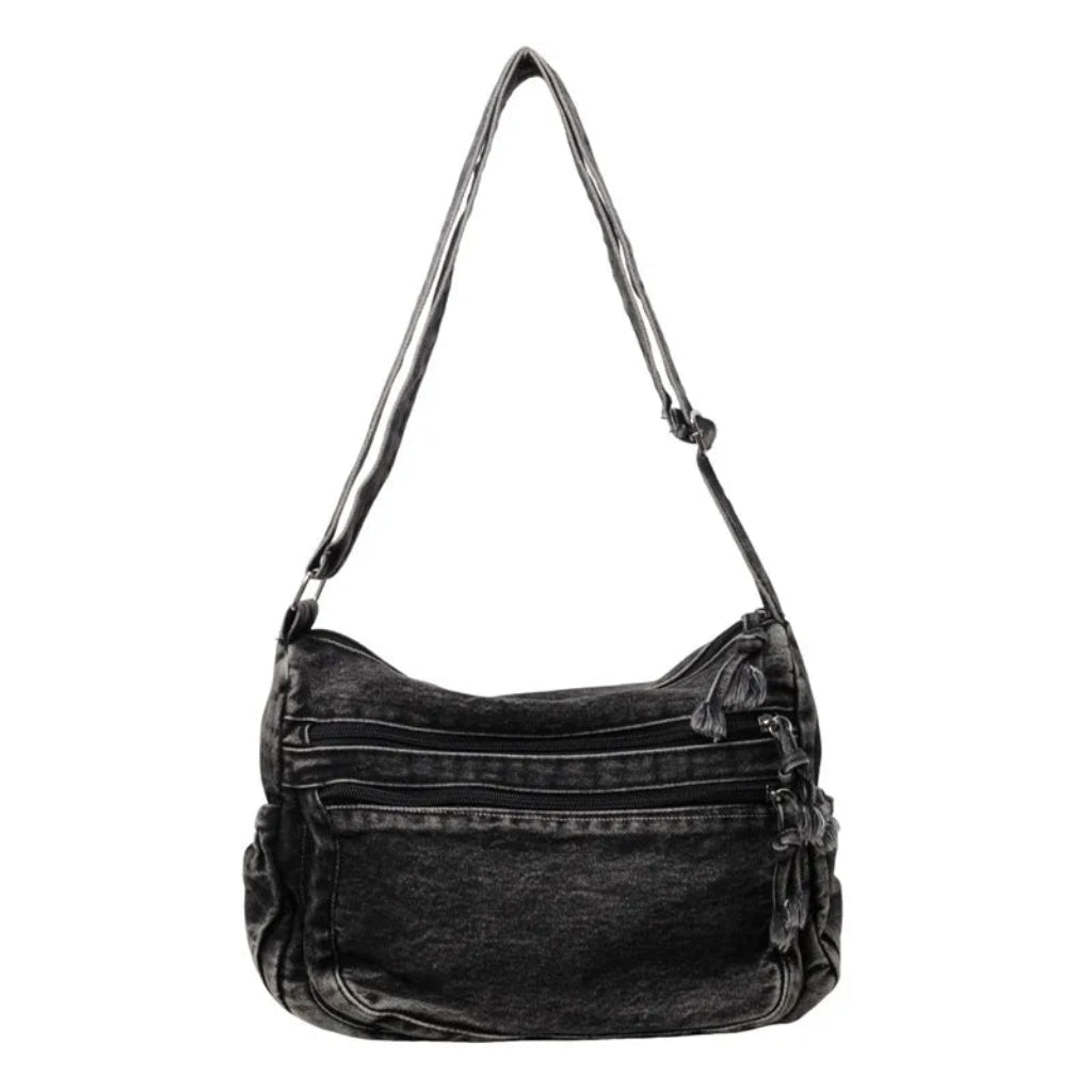 Sac Bandoulière Femme Jean Rétro, Compact avec Poches Zippées Noir