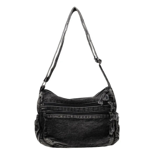Sac Bandoulière Femme Jean Rétro, Compact avec Poches Zippées Noir