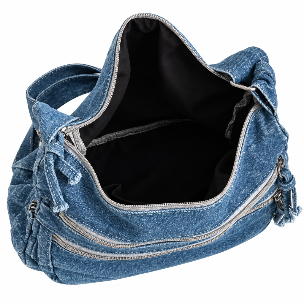 Sac Bandoulière Femme Jean Rétro, Compact avec Poches Zippées ouvert